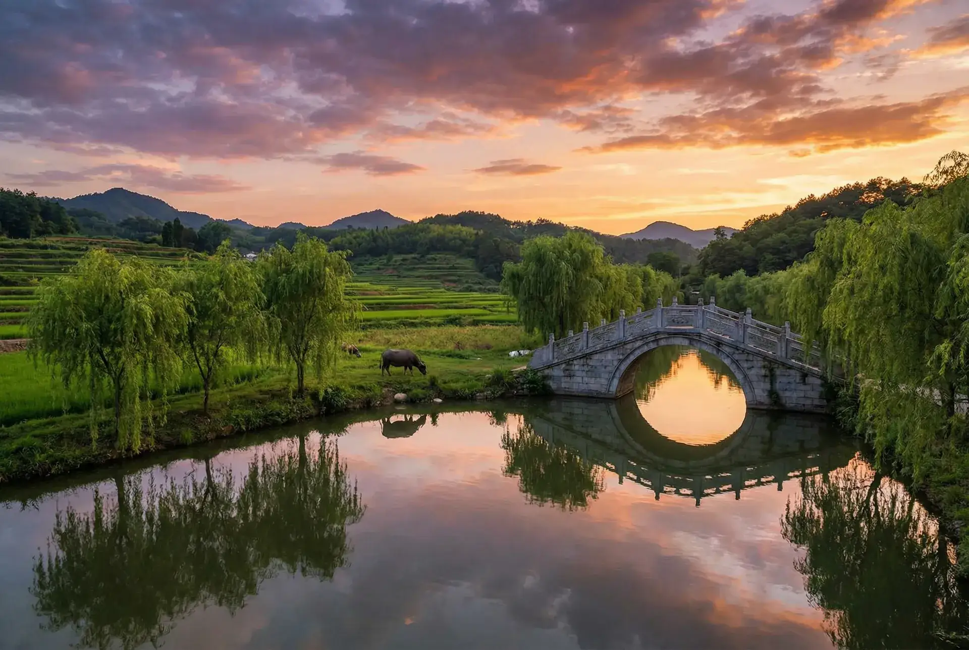 夕阳下的石拱桥与垂柳，水牛在河边吃草 - 我和大佬的365天无删除完整翻译 乡村美景